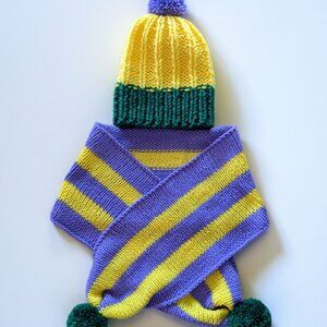 Handmade Colorblock Hat Scarf Set Yellow Purple Green Winter Accessories Holiday